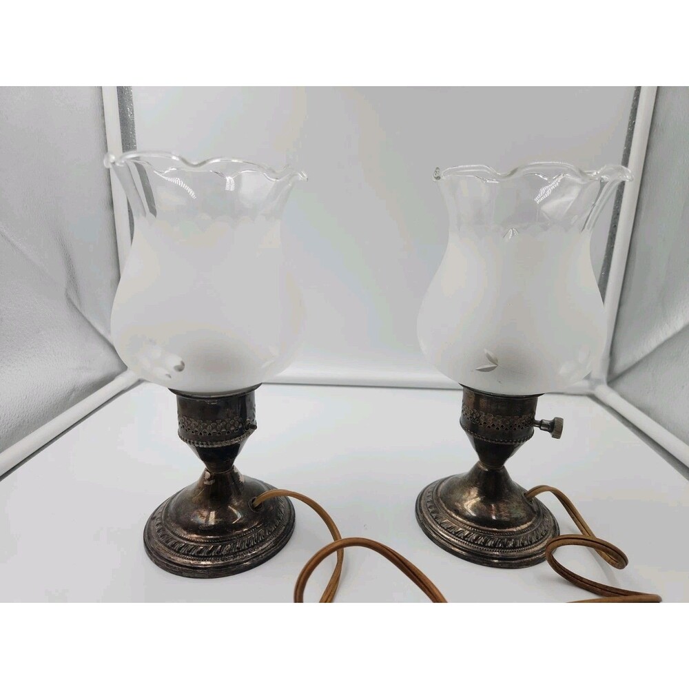 Set of 2 Sterling Silver Weighted Etched Globe Boudoir Lamp Crest Silver Co Pair